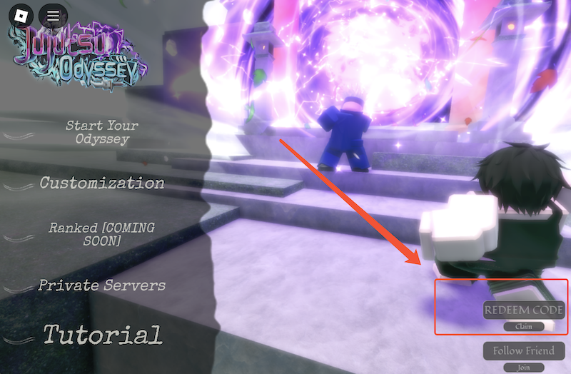 Location of redeem code button in Jujutsu Odyssey